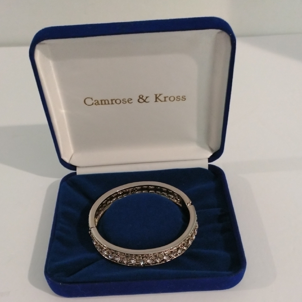 Camrose And Kross Silver Hinged Bangle Bracelet With Clear Crystals